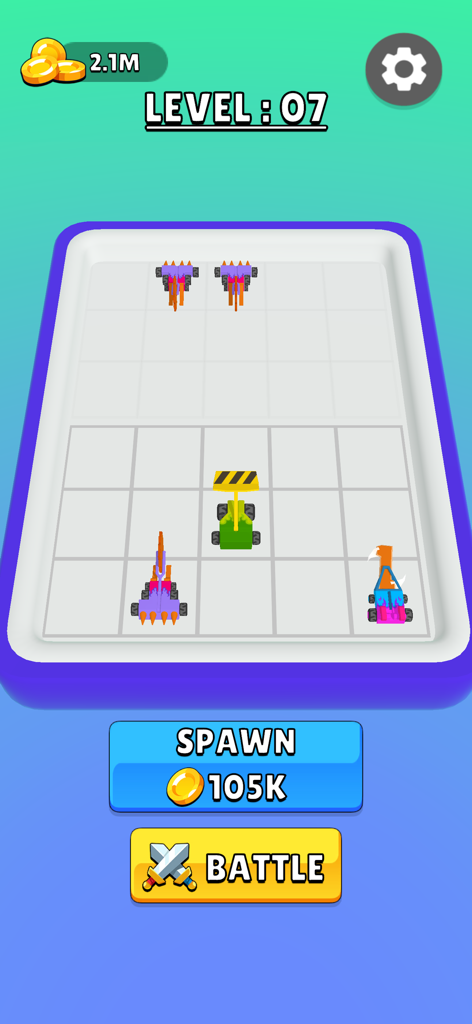 Robot Merge and Fight Master - Robot Merge and Fight Master gameplay screen showing robots on a grid with spawn and battle buttons.