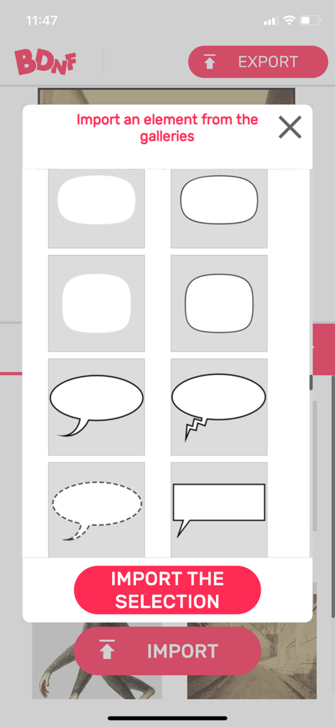 BDnF (light version) - Vue de galerie dans l'application BDnF montrant différents styles de bulles de dialogue de BD pour importation dans un storyboard numérique