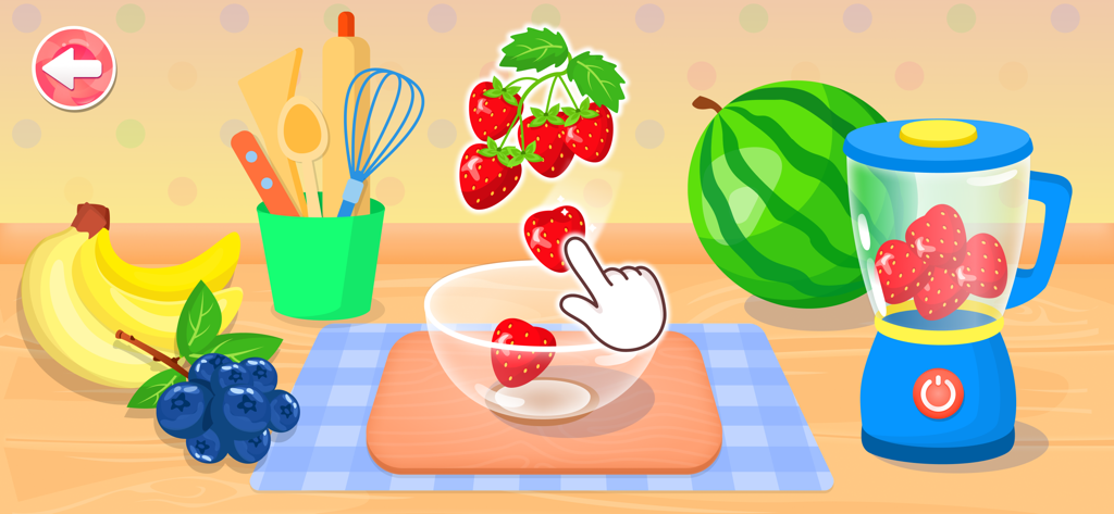A children educational game interface showing a hand icon dragging strawberries into a bowl near a blender and fresh fruits.