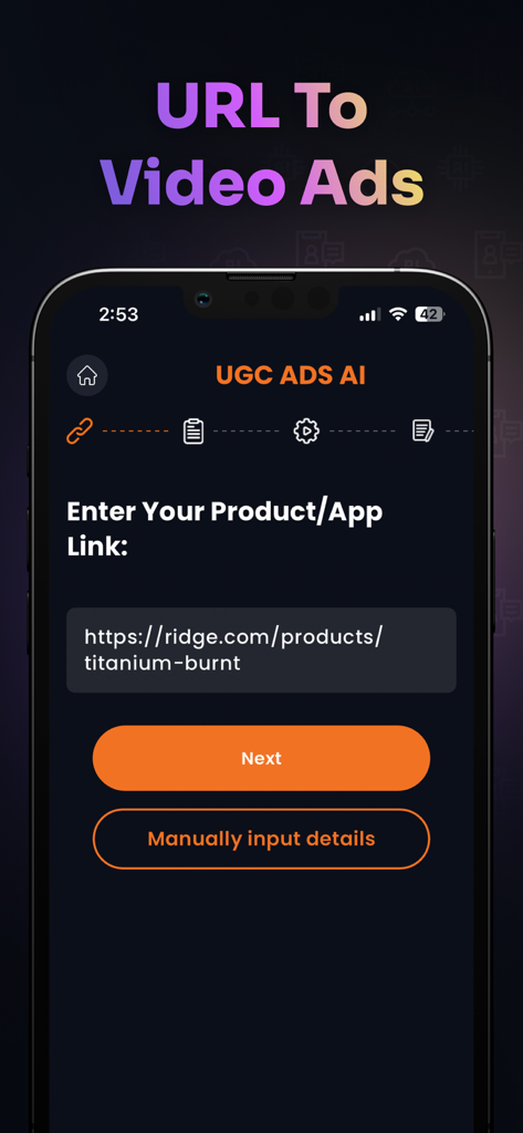 UGC Ads AI - UGC Ads AI app interface showing the URL input screen to convert a product link into a video ad