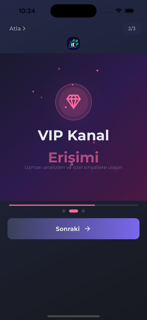 HisseChat - HisseChat app onboarding screen for VIP channel access showing expert analysis and stock signals