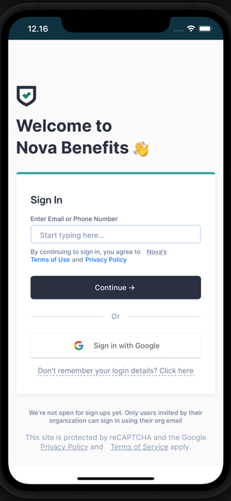 Nova Benefits mobile app login interface for employees