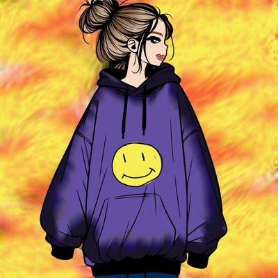 realistic girl with a oversized sweatshirt on and a bun