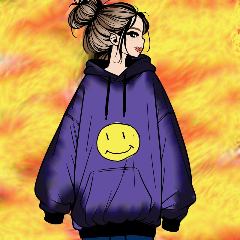 realistic girl with a oversized sweatshirt on and a bun