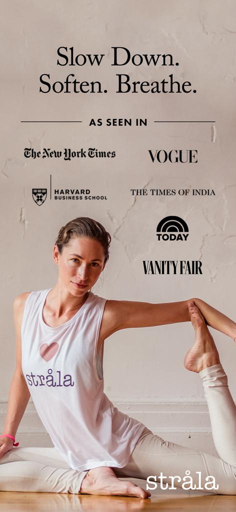 Instructora de yoga Tara Stiles en una pose con logos de medios de Vogue y Harvard Business School