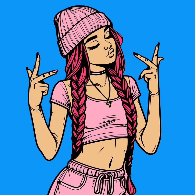 realistic teenage girl with braids and a beanie and crop top doing 🫶🏼