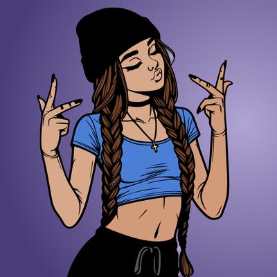 realistic teenage girl with braids and a beanie and crop top doing 🫶🏼