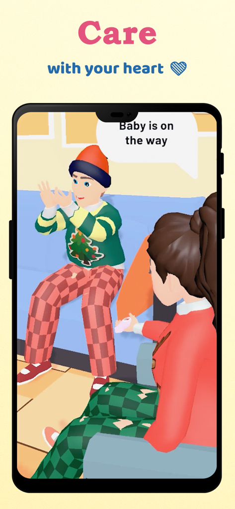 Hold Love: Couple Life - 赤ちゃんがもうすぐ生まれるというメッセージに反応する、ライフシミュレーションゲームの3Dカップル。