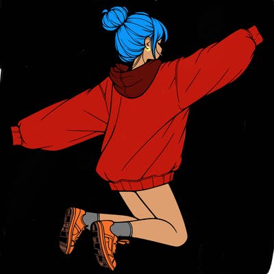 realistic girl jumping with a bun and oversized sweatshirt