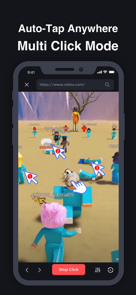 Auto Clicker - Auto Tapper App - Auto Clicker app interface showing multiple click points on a mobile Roblox game screen.