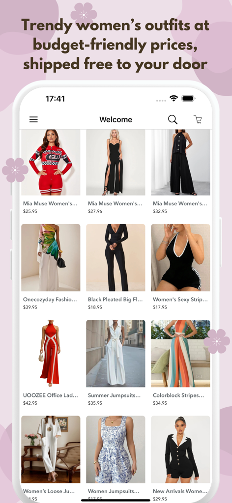 A mobile app screen displaying trendy women's outfits and jumpsuits at budget-friendly prices.