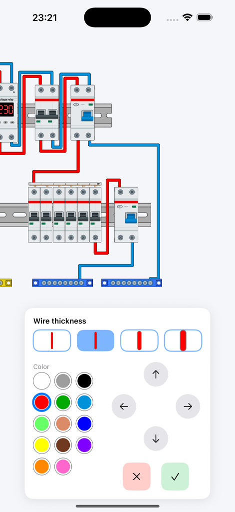 Electrical Panel Designer - Interface for selecting wire thickness and color while designing an electrical panel layout