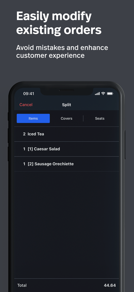 アイスティーやサラダなどの品目を変更および分割する方法を示すLightspeed Restaurant POSのスマートフォンインターフェース。