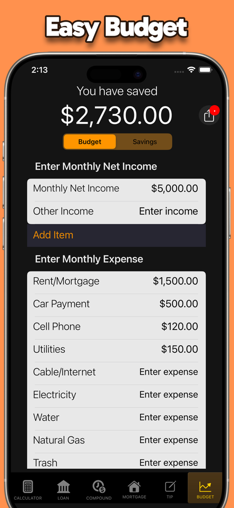 Calculator: No Ads / Ad-Free - Interfaz de la función Presupuesto Fácil que muestra el ingreso neto mensual y varias categorías de gastos.