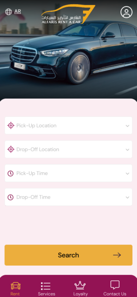 Alfaris Rent A Car - The car rental search and booking screen of the Alfaris mobile application featuring a luxury vehicle