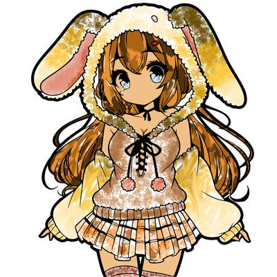 pretty anime girl wearing a fluffy hoodie with bunny ears on the hood and a skirt