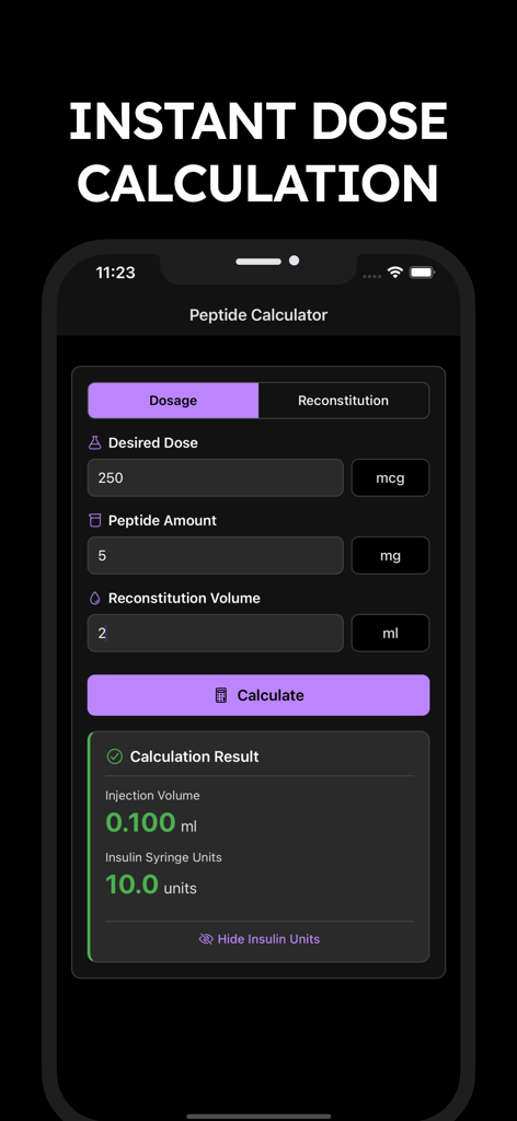 Peptide Calculator app screen for dose and insulin syringe unit calculation