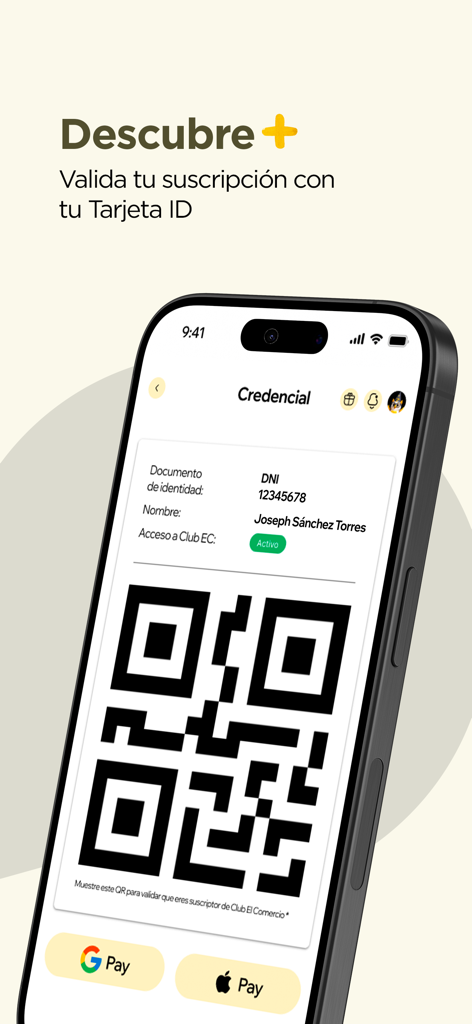 Club El Comercio - Tarjeta de identificación digital con código QR para validación de suscripción en la aplicación Club El Comercio