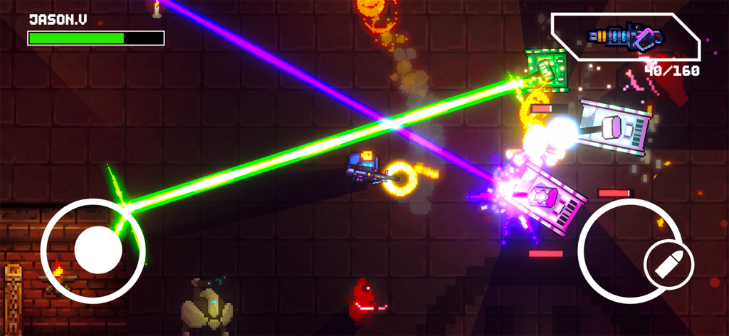 Laser Tanks: Pixel RPG - A top-down pixel art tank firing colorful lasers at enemies in a dark dungeon environment.