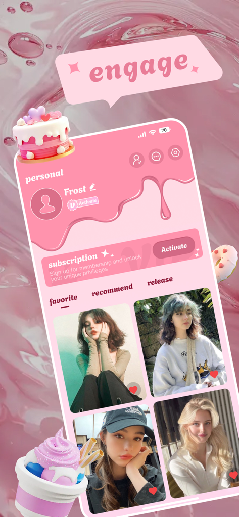 Pink-themed user profile interface of the Salsa app featuring community photos and dessert-themed graphics.