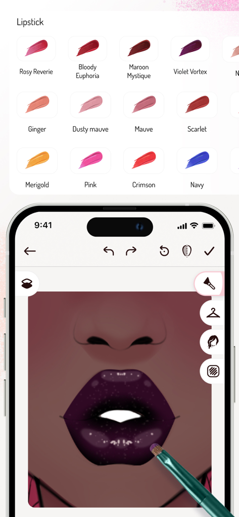 Makeup Studio: Pro Sketchbook - Digital lipstick color selection and brush application on a face chart