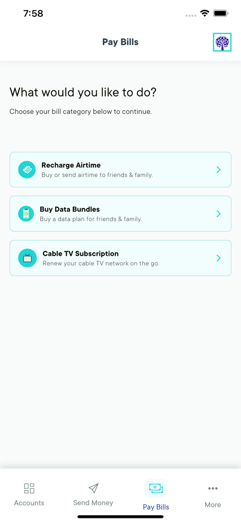 Lotus Bank App - Lotus Bank App Pay Bills screen with options for airtime recharge, data bundles, and cable TV subscription