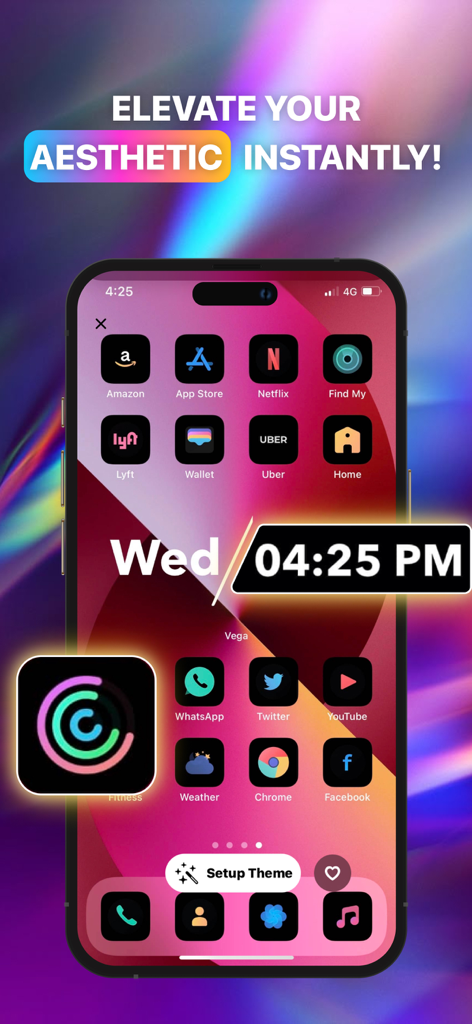 Themes Widgets & Icons by Vega - Una schermata Home dell'iPhone personalizzata con icone minimaliste scure e un grande widget orologio digitale dall'app Vega.