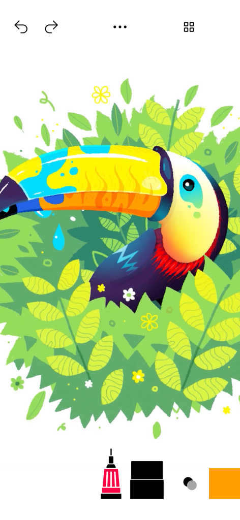 Tayasui Sketches School - Un'illustrazione digitale colorata di un tucano in una giungla creata con Tayasui Sketches School