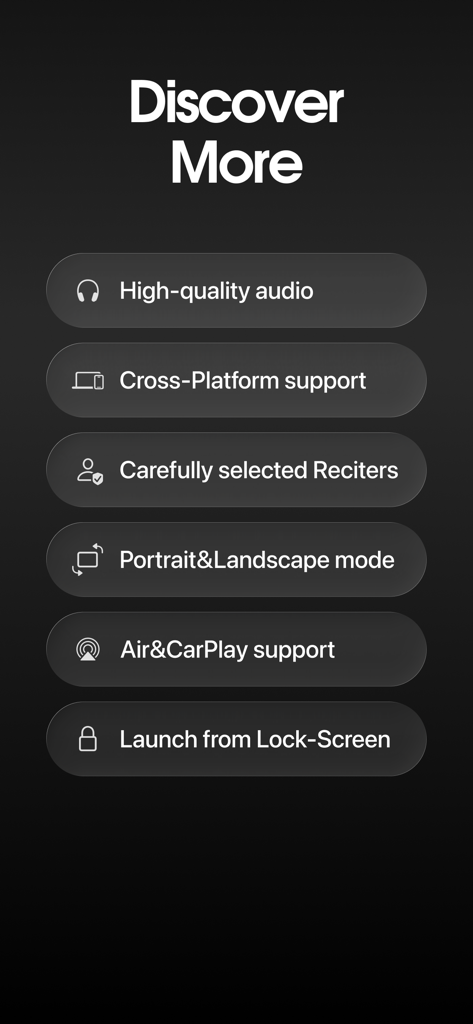 Quran Audio Player: Quranify - Pantalla de la aplicación Quranify que muestra una lista de características clave, incluido audio de alta calidad y soporte para CarPlay