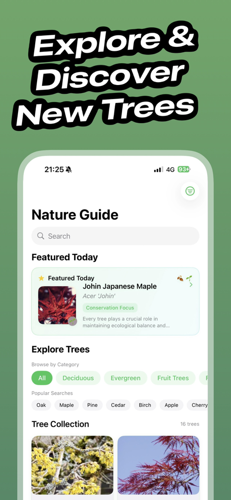 Tree Identifier - TreeBarkId - The Nature Guide screen of the TreeBarkId app displaying tree categories and featured species like the Japanese Maple.