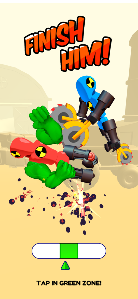 Merge Ragdoll Fighting - Ein Bildschirm eines Ragdoll-Kampfspiels, der eine blaue Figur auf einem Sägeblattfahrzeug zeigt, die einen roten Mutanten mit der Textüberlagerung „Finish Him“ und einer Timing-Anzeige unten angreift.