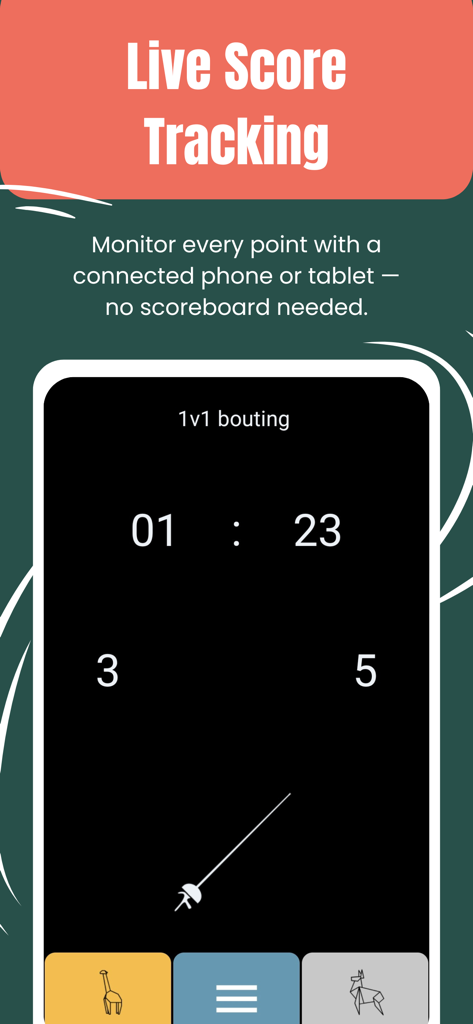 Calibur - Calibur fencing app screen showing live score tracking and match timer for a 1v1 bout.