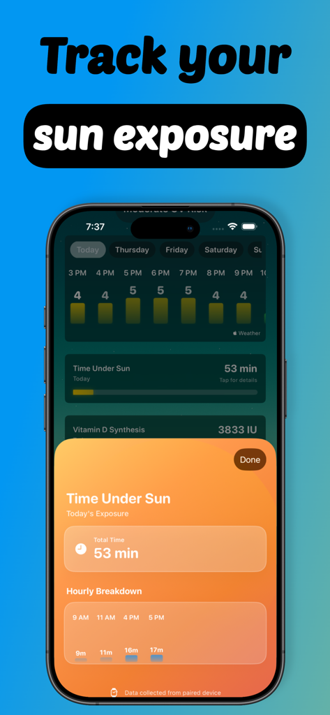 Interface do UVBuddy mostrando rastreamento do tempo de exposição solar diária e detalhamento por hora.