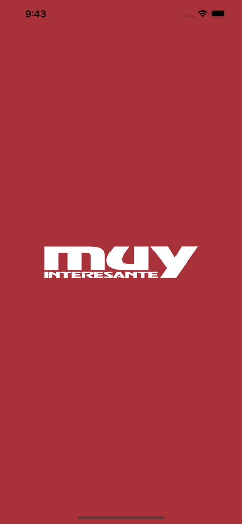 Muy Interesante Revistas - Tela de apresentação do aplicativo Muy Interesante Revistas com o logotipo branco sobre um fundo vermelho sólido