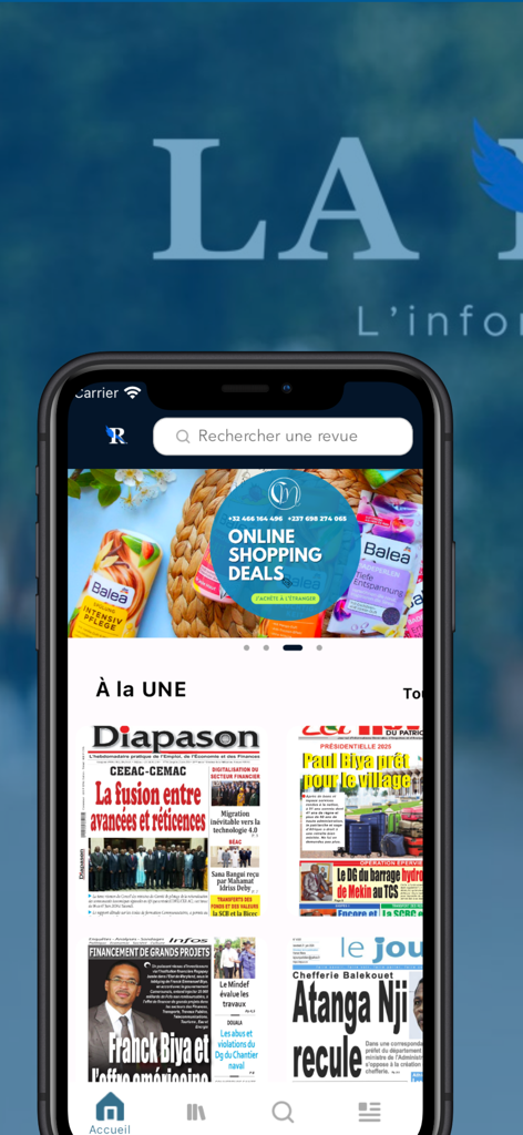 La Revue Presse app home screen showing curated news headlines and newspaper covers on an iPhone