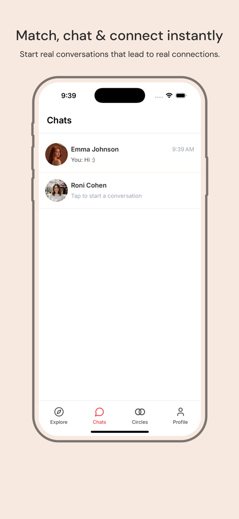Interface of the Circlez Dating app showing a list of active chats with profile pictures and names.