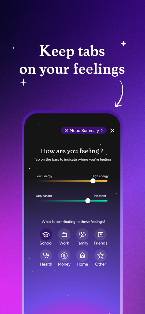 Soluna: Mental Health Care - Soluna app interface showing a mood log with sliders for energy and pleasantness
