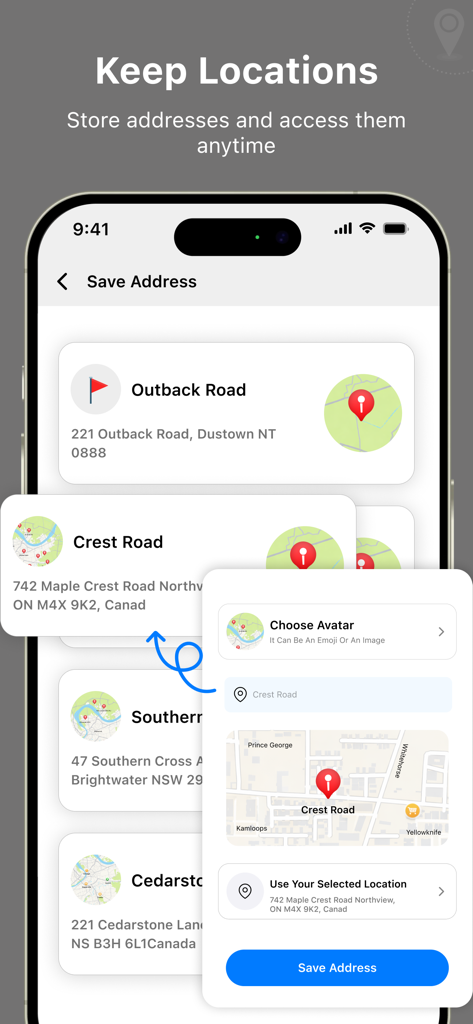 Interface of the IP Location Changer app showing a list of saved locations and the process for adding a new address with a custom avatar.
