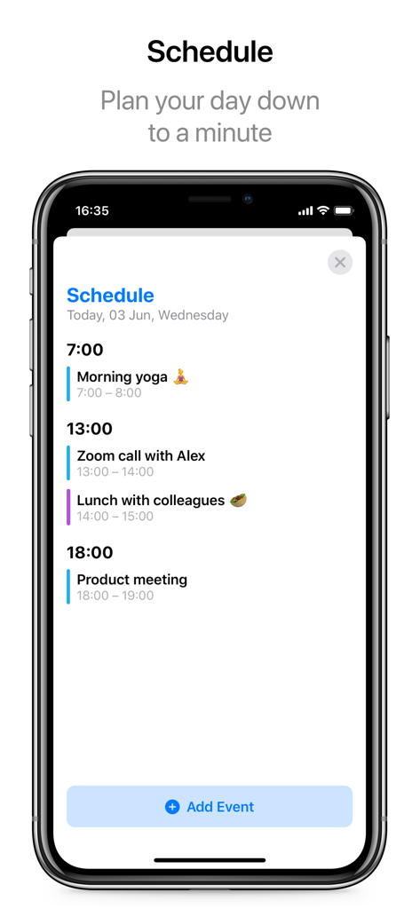 Daily Planner - Schedule App - A mobile app interface showing a detailed daily schedule with time-blocked events like morning yoga and zoom calls