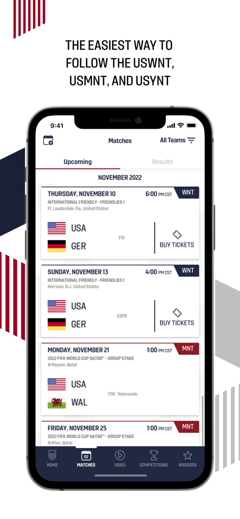 U.S. Soccer – Official App - Smartphone screen showing the U.S. Soccer app match schedule for the national men and women teams