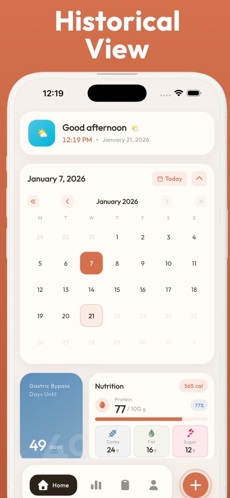 Bariatric Food Tracker - Bari - Bariatric Food Tracker app historical view showing a calendar with daily nutrition and protein tracking stats