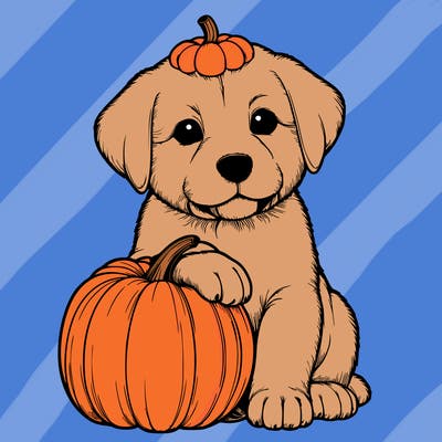 a realistic puppywith a pumpkin on his head