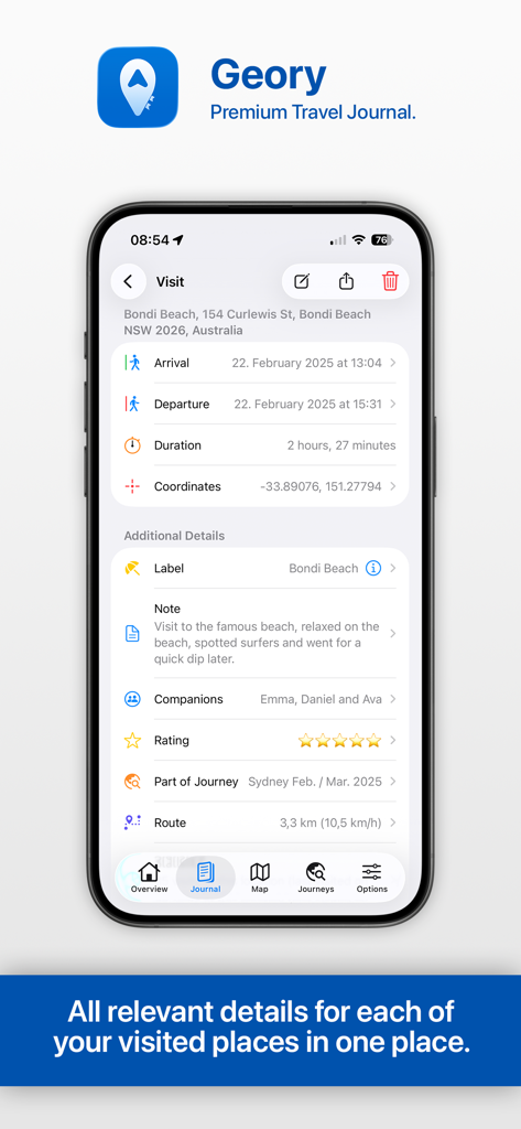 Geory – Premium Travel Journal - Detailed visit entry in Geory travel journal app showing location info and personal notes