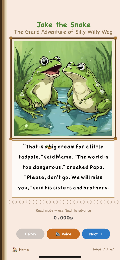 JTS Typing Game - A digital storybook page featuring an illustration of two frogs with interactive read-along text and navigation buttons.