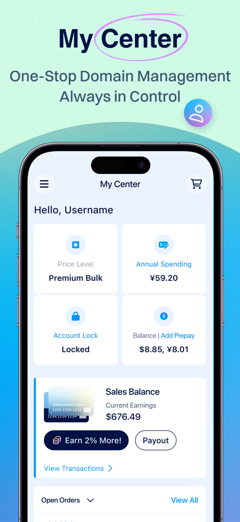 Cruscotto dell'app mobile Dynadot che mostra il saldo del conto e gli strumenti di gestione dei domini
