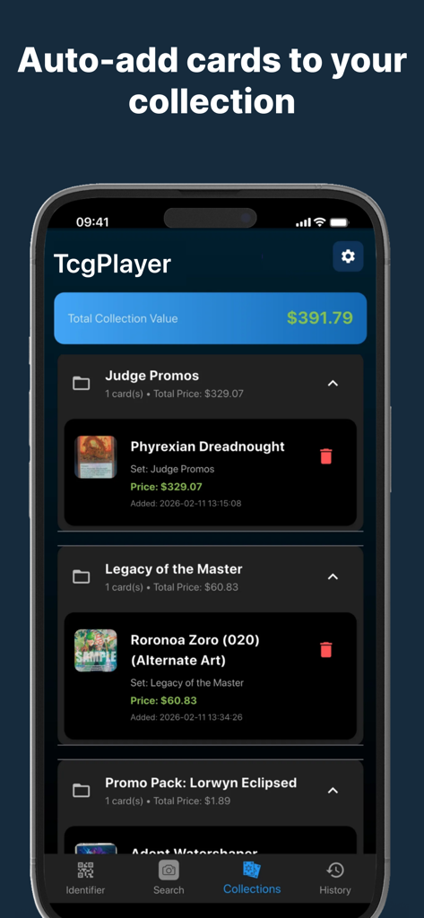 TCG Player: Poke Card Scanner - TCG Player app screen displaying a digital card collection with its total market value and specific card details