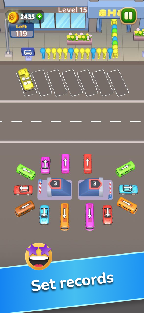 Car Jam Solver: Traffic Puzzle - A screenshot of Car Jam Solver showing a car sorting puzzle with colorful vehicles and waiting passengers.