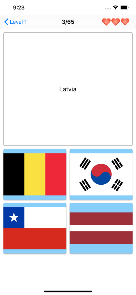 Flags of the world - Quiz - Multiple choice geography quiz screen showing flags for identification