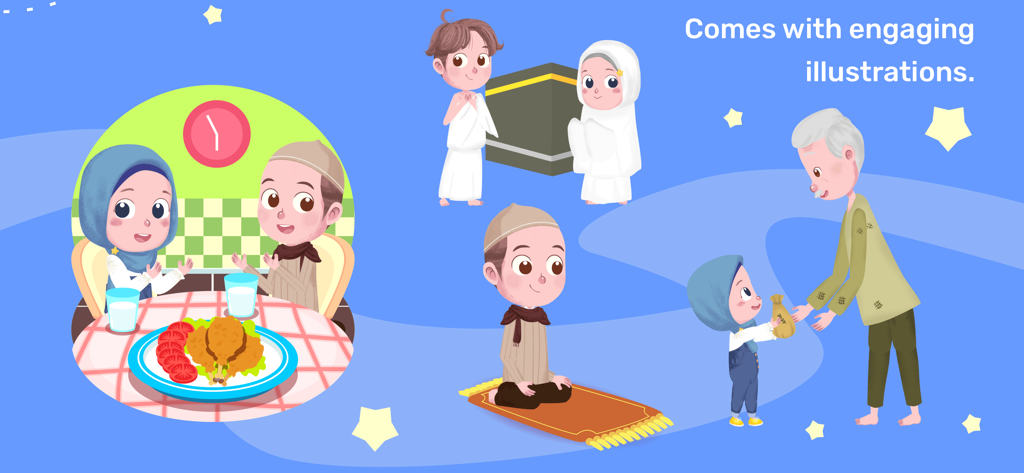 Kabi Islamic Education - Ilustraciones de dibujos animados atractivas de niños realizando actividades islámicas como la oración y la caridad