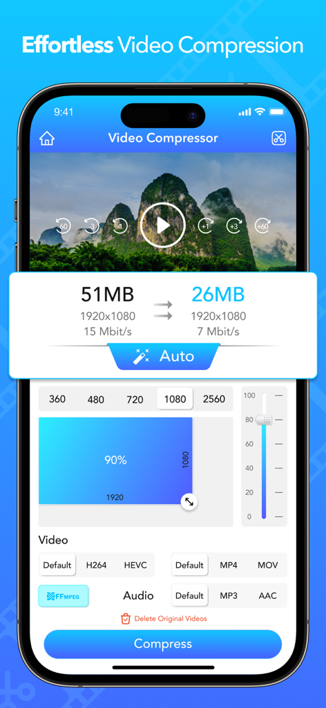 Video Compress - Shrink Resize - Screenshot of a mobile app interface showing a video being compressed from 51MB to 26MB with settings for resolution and format.
